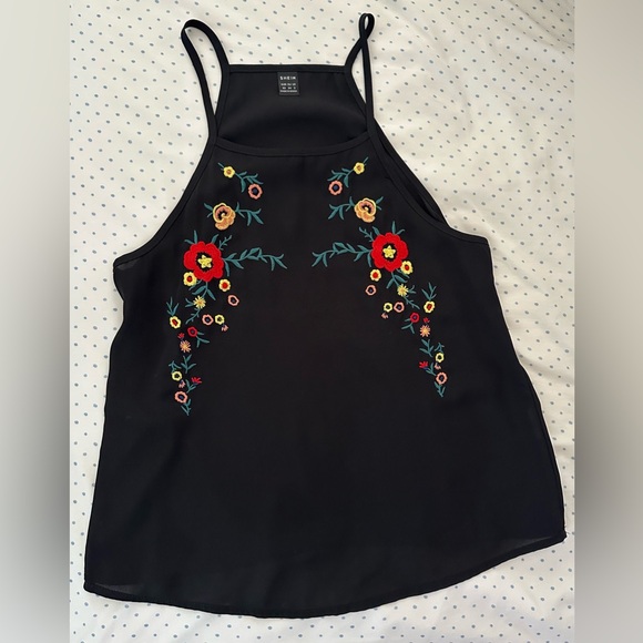 SHEIN Tops - SHEIN Black Floral Embroidered Halter Top XS Boho Summer Cami